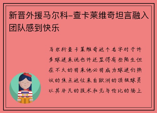 新晋外援马尔科-查卡莱维奇坦言融入团队感到快乐